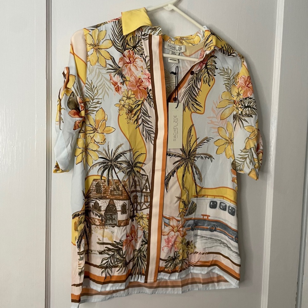 Rachel Zoe XS Blouse Shirt Tropical Palm‎ Beach Resort Hawaiian Print